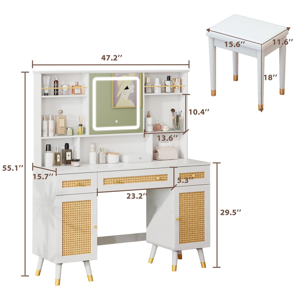 LUXOAK 47" Makeup Vanity Desk with LED Light Mirror & Rattan Design, Vanity Table with Adjustable Large Storage Cabinet for Bedroom Bathroom, Stool Included, White LUXOAK
