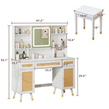 LUXOAK 47" Makeup Vanity Desk with LED Light Mirror & Rattan Design, Vanity Table with Adjustable Large Storage Cabinet for Bedroom Bathroom, Stool Included, White LUXOAK