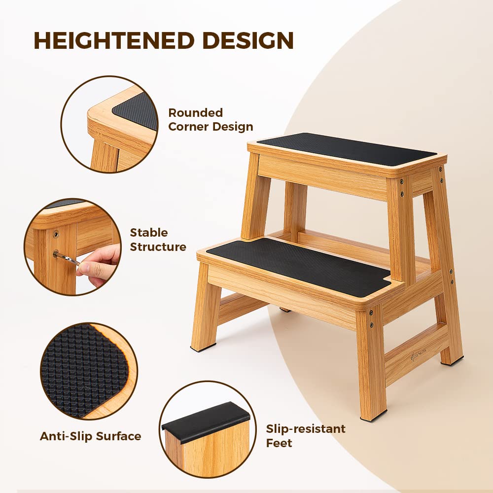 StrongTek Wood Step Stool for Adults and Kids, 17 Inch Tall, Non-Slip Step Surface, Heavy Duty, Two Step for Kitchen, Bed, Bathroom, 500 lbs Capacity StrongTek