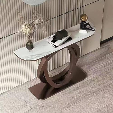 Modern Geometric Console Table with Easy-to-Clean Sintered Stone Top, Narrow Entryway Sofa Table for Hallway, Living Room, Foyer, Entrance(Brown+White,39.3"/100cm) wihgony