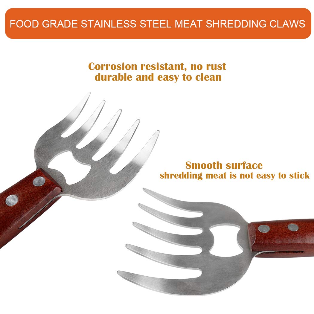 AIYUE Meat Shredding Claws Stainless Steel Pulled Pork Shredder Meat Claws for BBQ Shredding Pulling Handing Lifting & Serving Pork Turkey Chicken with Long Wood Handle (2 PCS,BPA Free)