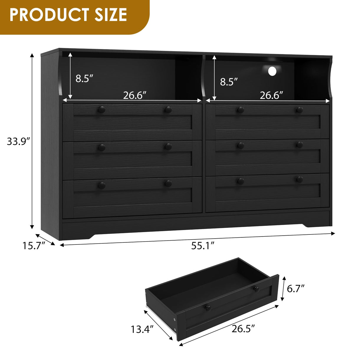 GarveeHome Black Dresser for Bedroom with Power Outlet, Modern 6 Drawer Dresser Wooden with LED Light, Large Capacity Storage Dressers Bedroom, Tv Stand Dresser for Bedroom with Large Drawer, Handles GarveeHome