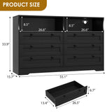 Large Black Wood Dresser, 55" Wide 6 Drawer Dresser with LED Light & Built-in Storage, Ideal for Bedroom, Living Room, Closet, Wide Dressers for Bedroom HarmoHaby