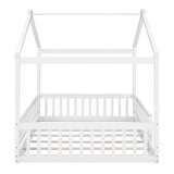 House Bed Full Size Floor Bed with Fence Railings, Wooden Montessori Style Bed Frame for Kids, Fun Playhouse Beds for Girls Boys, White Bellemave