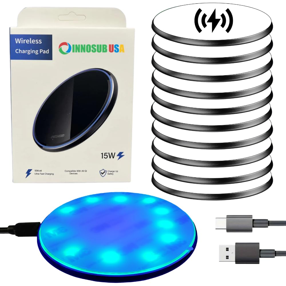 INNOSUB USA Sublimation Wireless Charger [Pack of 10] LED Pad – Blank Wireless Charger for Sublimation and Customization – Black 10W Fast ChargePad Compatible with iPhone, Samsung, QI-Enabled Devices INNOSUB