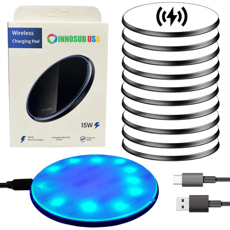 INNOSUB USA Sublimation Wireless Charger [Pack of 10] LED Pad – Blank Wireless Charger for Sublimation and Customization – Black 10W Fast ChargePad Compatible with iPhone, Samsung, QI-Enabled Devices INNOSUB