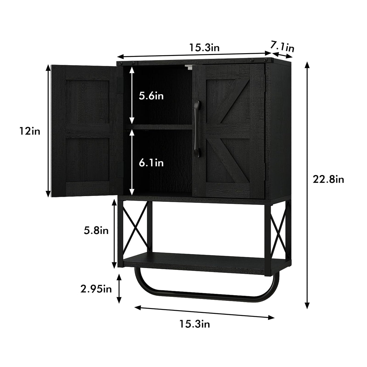 RUSTOWN Farmhouse Rustic Medicine Cabinet with Two Barn Door,Wood Wall Mounted Storage Cabinet with Adjustable Shelf and Towel Bar, 3-Tier Cabinet for Bathroom, Living Room(Black) RUSTOWN