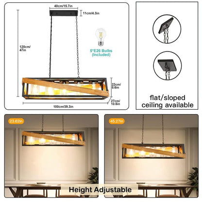 Depuley Farmhouse Kitchen Island Lighting, 39 Inches 5-Light Industrial Metal Linear Chandelier, Rustic Pendant Light Fixture with Wood Frame Hanging for Dining Room, Pool Table, 5* E26 Bulbs - WoodArtSupply