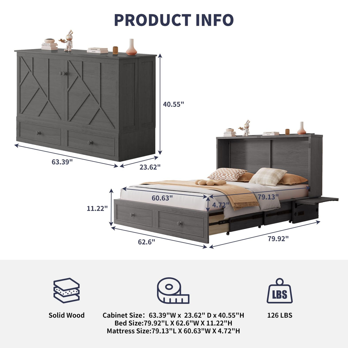 ijuicy Queen Size Murphy Bed with Foam Mattress and Side Storage Board, Cube Cabinet Bed with Charging Station Large Storage Drawers, Space-Saving Foldable Hideaway Bed-Grey ijuicy