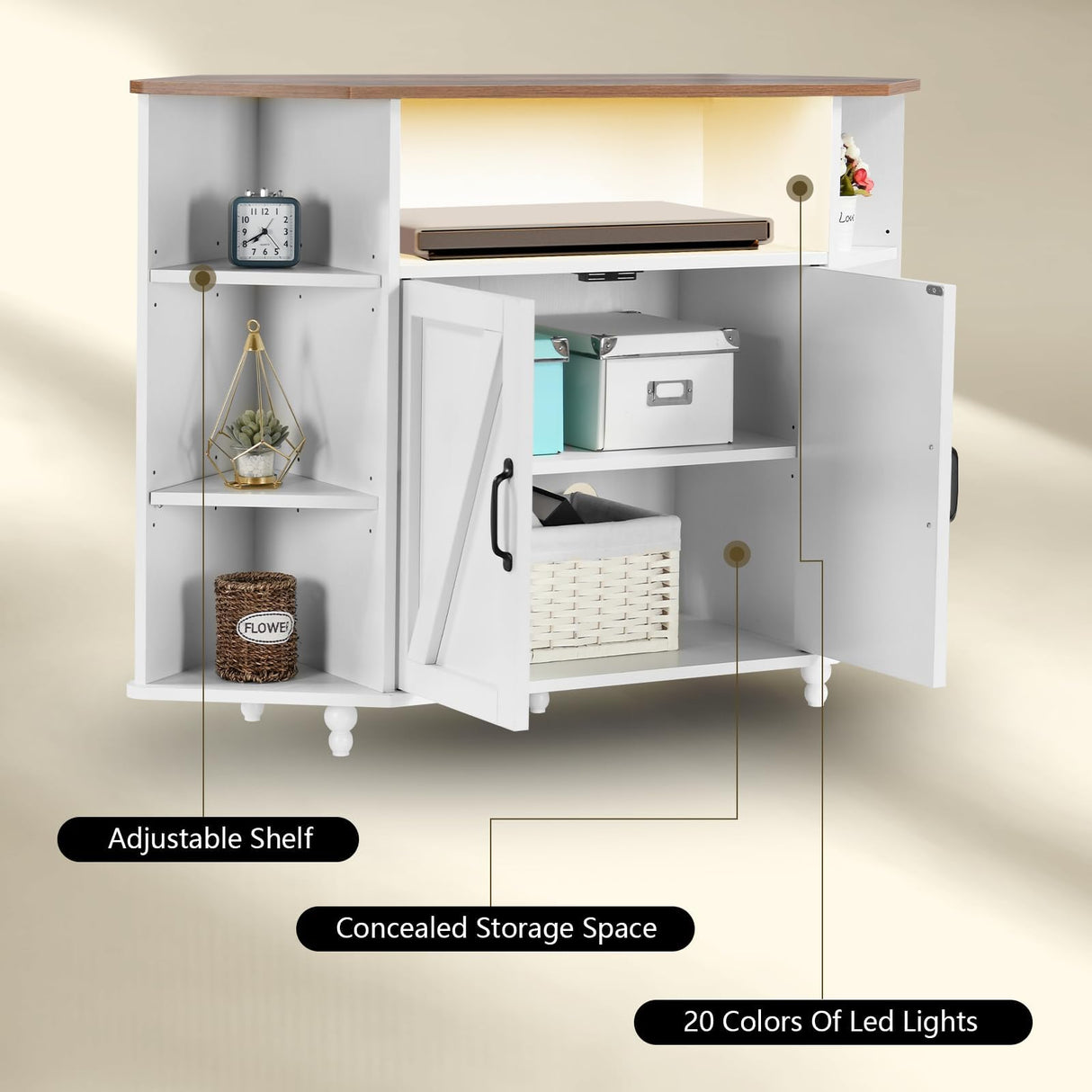 4 EVER WINNER Corner TV Stand for 55 Inch with LED Lights, Farmhouse Corner TV Cabinet with Adjustable Shelves, Corner Entertainment Center with Barn Doors for Living Room, White 4 EVER WINNER