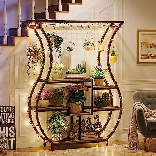 Tribesigns 6-Tier Plant Stand, 70.9 Inch Tall Plant Shelf with 10 Hanging Hooks, Vase Shape Ladder Plant Stand, Multi-Purpose Plant Display Rack for Indoor, Balcony, Living Room, Brown and Black Tribesigns