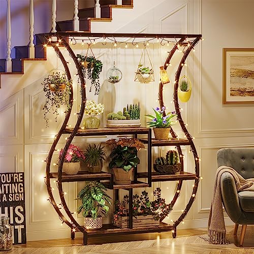 Tribesigns 6-Tier Plant Stand, 70.9 Inch Tall Plant Shelf with 10 Hanging Hooks, Vase Shape Ladder Plant Stand, Multi-Purpose Plant Display Rack for Indoor, Balcony, Living Room, Brown and Bl - WoodArtSupply