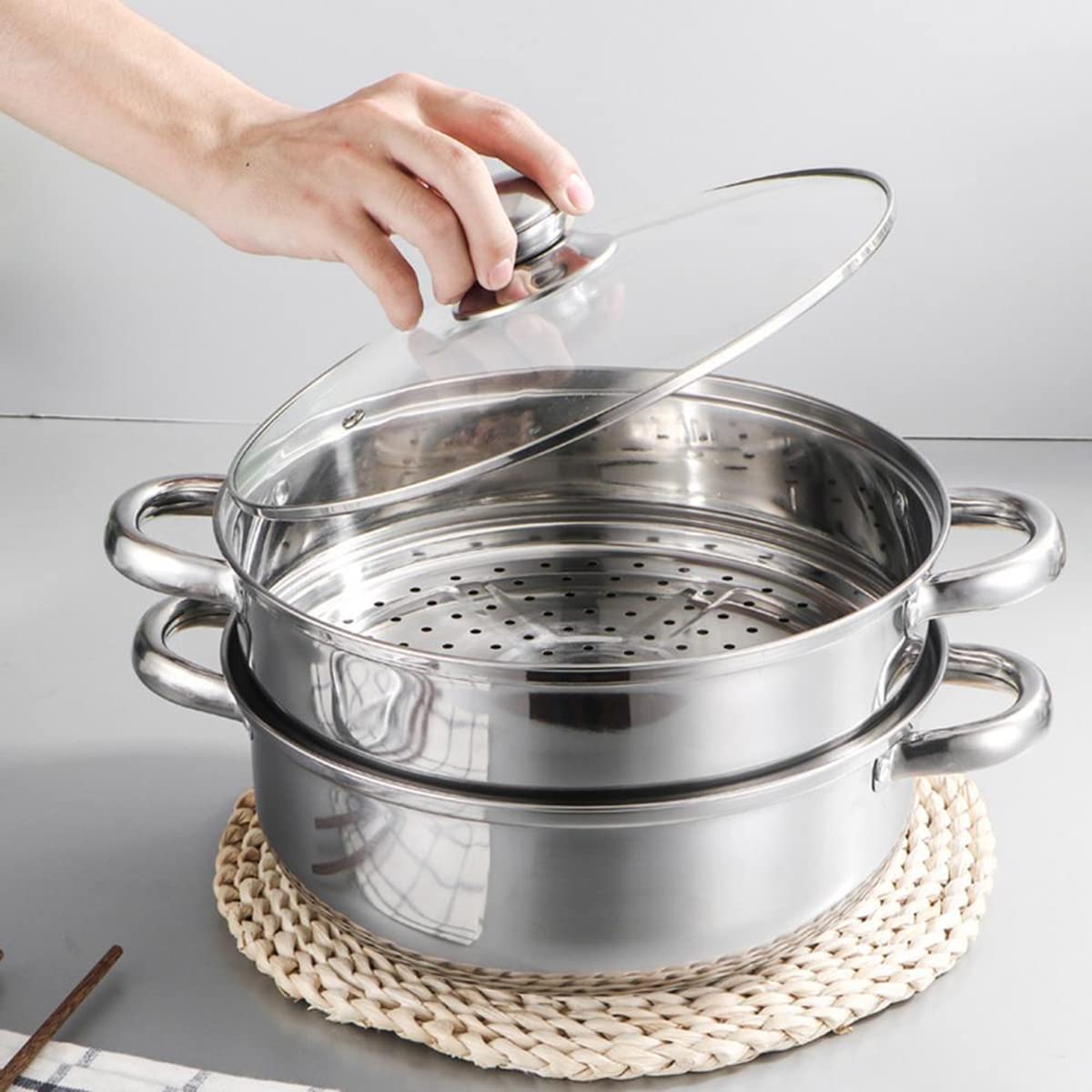 Steamer Pot for Cooking 11 inch Steamer Pot 2-tier Multipurpose 18/10 Stainless Steel Steam Pot Cookware with Lid for Vegetable, Dumpling, Stock, Sauce, Food