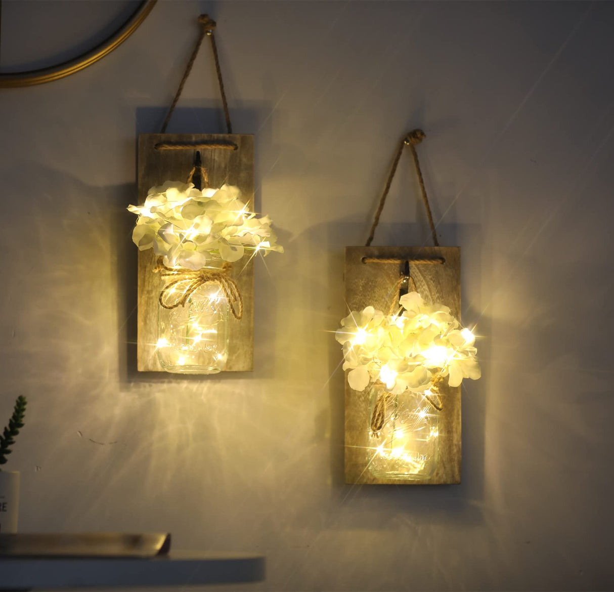 Lightess Mason Jar Wall Lights with Remote Control, Rustic Bedroom Wall Decor, Hanging Battery Powered Jar Sconce with LED Fairy Lights for Farmhouse Decor, SYA11 (Set of 2) Lightess