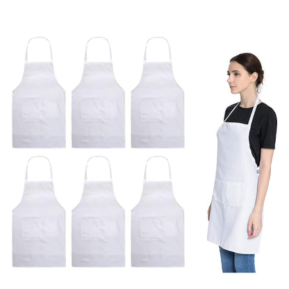 LOYHUANG Total 6PCS White Apron for Women Adult Unisex Plain Color Bib aprons with 2 Front Pockets Washable Chef Aprons for Cooking Baking Kitchen Restaurant Crafting