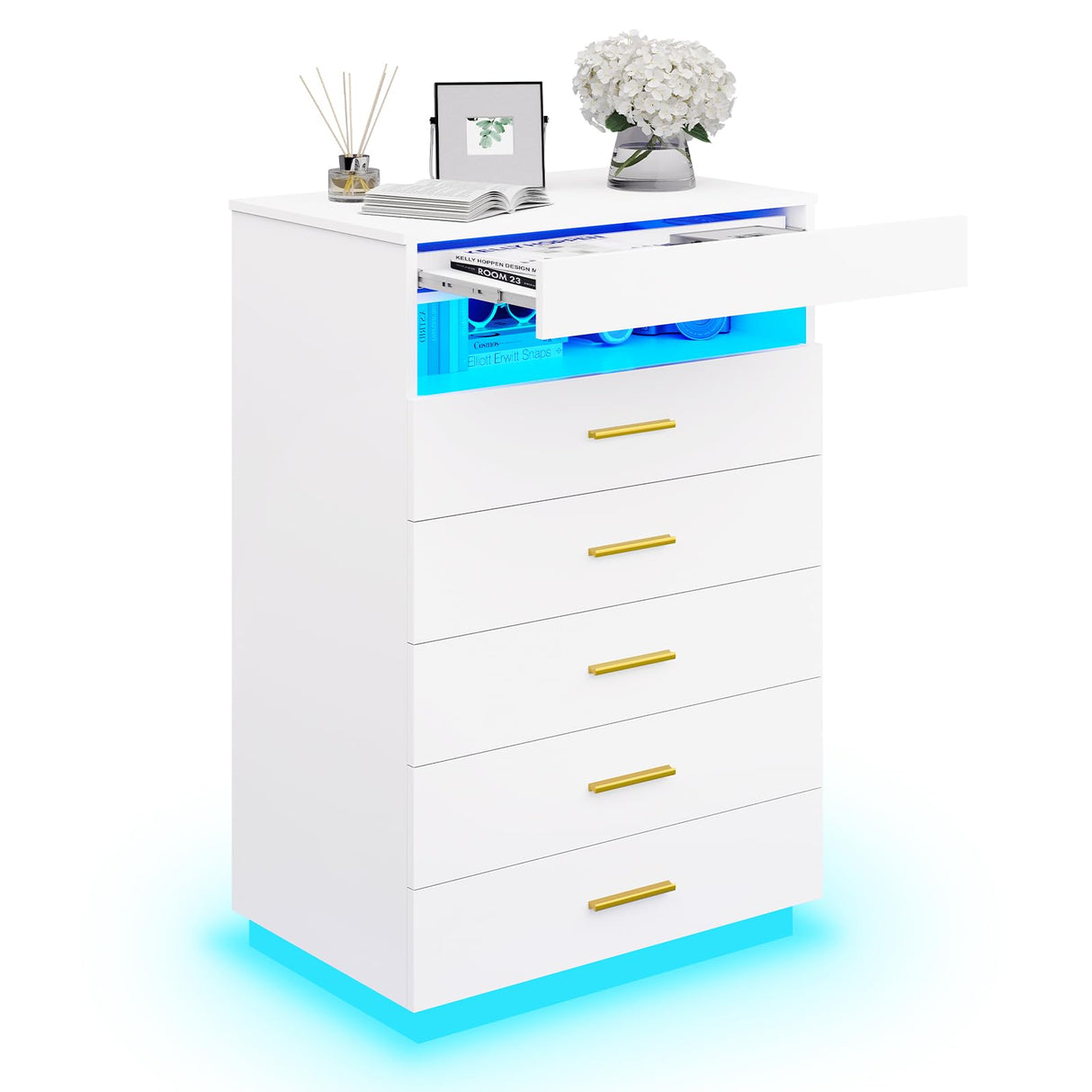 BTHFST White Dresser with LED Lights, Floating Tall Dresser with 5 Large Drawers & Open Storage Space & Pull Out Tray, Chest of Drawers, 5 Drawer Dresser Wood for Bedroom, Living Room BTHFST