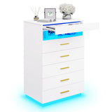 BTHFST White Dresser with LED Lights, Floating Tall Dresser with 5 Large Drawers & Open Storage Space & Pull Out Tray, Chest of Drawers, 5 Drawer Dresser Wood for Bedroom, Living Room BTHFST