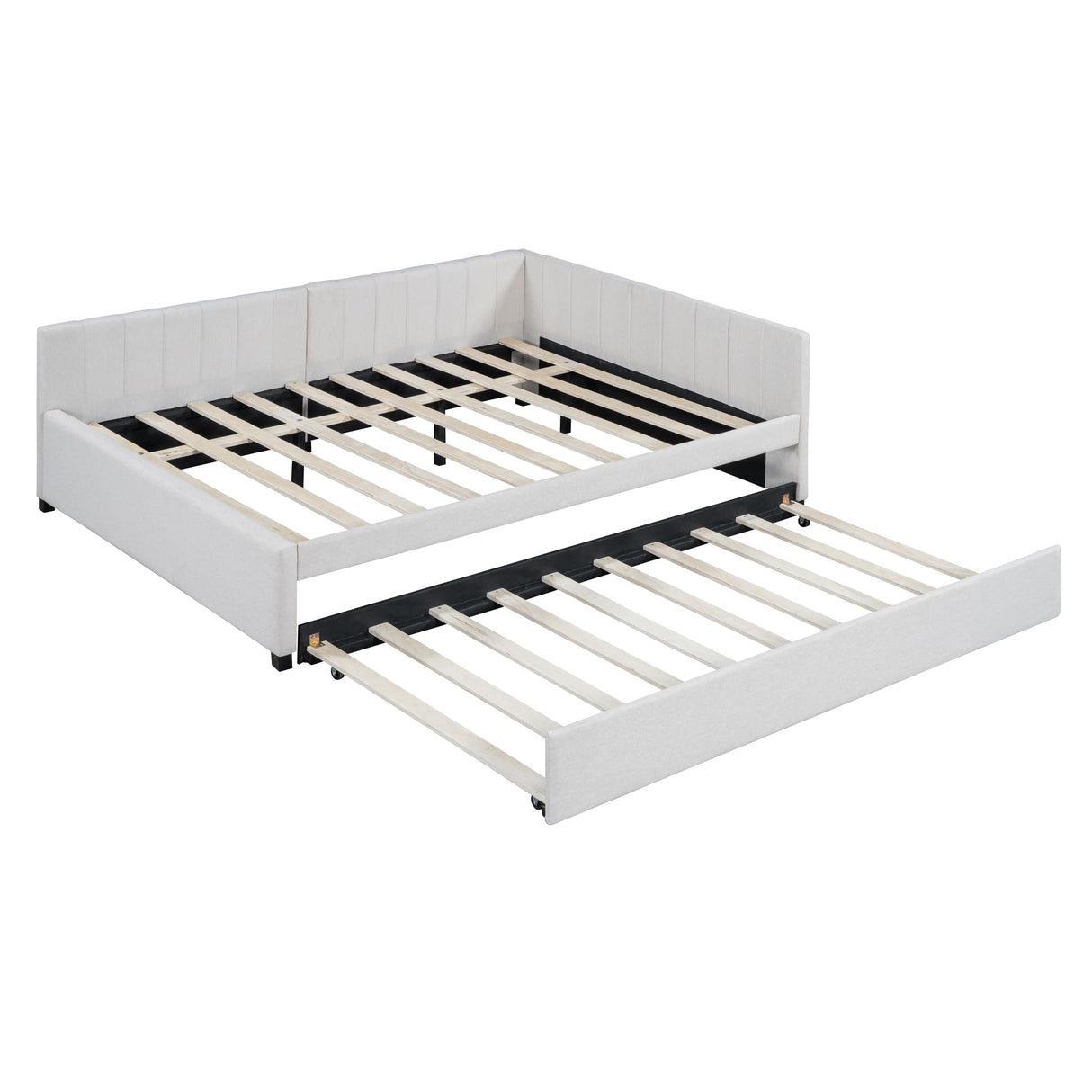 PVWIIK Full Size Daybed with Trundle for Bedroom,Guest Room,Solid Wood Bed Frame w/Wood Slat Support,Upholstered Backrest for Adults/Kid,No Box Spring Needed, Beige PVWIIK
