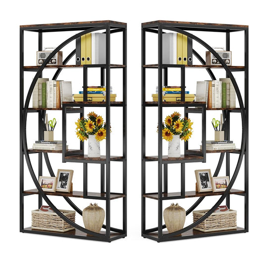 Industrial 5-Tier Geometric Bookshelf with 8 Open Shelves in Rustic Brown - WoodArtSupply