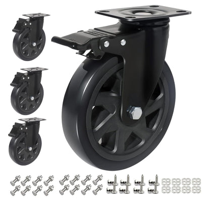 6 Inch Caster Wheels Set of 4 Heavy Duty,3000lbs Swivel Caster Wheels with Brake,PVC Heavy Duty Caster Wheel for Furniture,Cart,Workbench,Kitchen,Cabinets,Planters(Hardware Included)