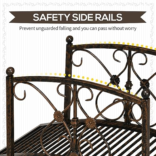 Outsunny 3.3FT Metal Arch Zen Garden Bridge with Safety Siderails, Decorative Footbridge, Delicate Floral Scrollwork for Stream, Fish Pond, Brown Outsunny