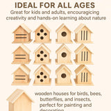 12 Pack Oojami Wooden Bird, Bee, Insect, and Butterfly Houses, DIY Paintable Craft Kit, Bulk Set for Kids and Adults, Outdoor Garden Habitat for Pollinators Oojami