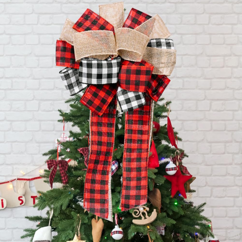 Farmhouse Christmas Tree Topper Western Tree Topper Country Tree Topper Buffalo Plaid Christmas Tree Topper Burlap Bow Black White and Red Christmas Decorations Rustic Xmas Decor Home Decor Handmade