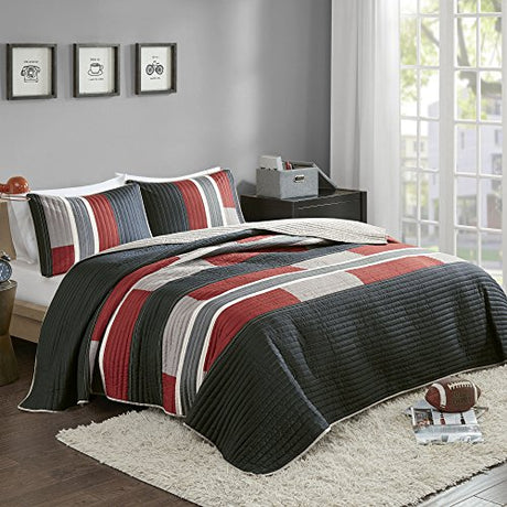 Comfort Spaces Quilt Set Trendy Casual Fun, Vibrant Color Design, Hypoallergenic All Season, Lightweight Coverlet Bedspread Cozy Kids Bedding & Sham Twin/Twin XL Pierre Black/Red Stripe 2 Piece Comfort Spaces