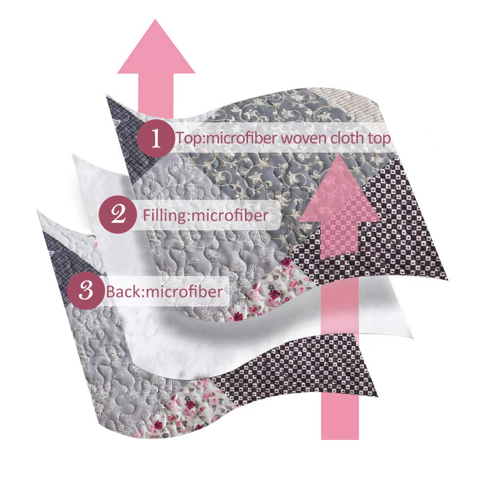 ENJOHOS Farmhouse Quilts King Size - King Quilt Set Grey Bedspread Reversible Patchwork Floral Coverlet Set, Microfiber Lightweight Country Quilts Bedding Set with 2 Pillow Shams（Grey Flower Plaid2） ENJOHOS