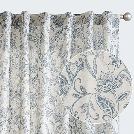 Lazzzy Blue Floral Curtains 108 Inch Length Linen Farmhouse Curtain Back Tab Drapes for Living Room Bedroom Light Filtering Vintage Rod Pocket Curtains, 2 Panels, Blue on Beige Lazzzy