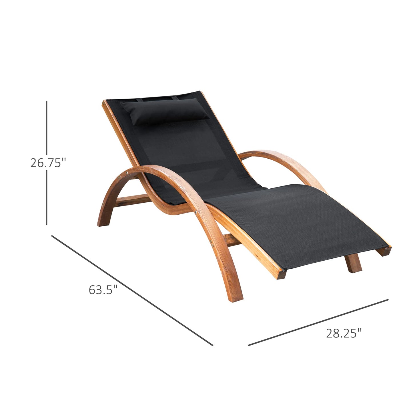 Outsunny Outdoor Chaise Wood Lounge Chair with Pillow, Armrests, Breathable Sling Mesh and Comfortable Curved Design for Patio, Deck, and Poolside - WoodArtSupply