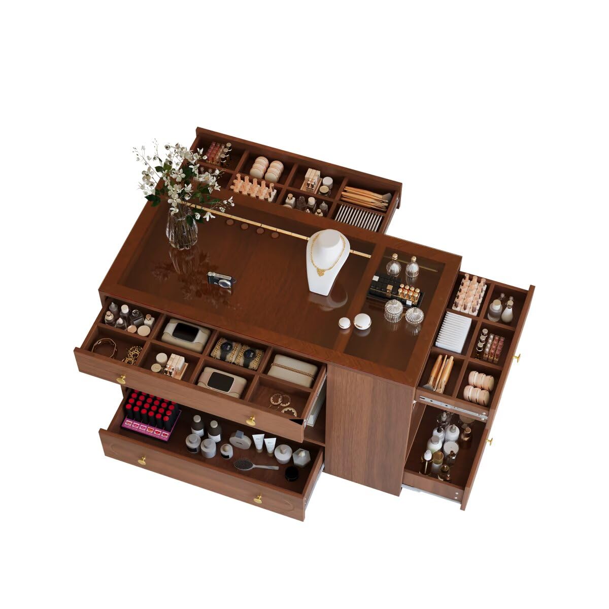 47.3" Closet Island with 6 Drawers Table, Wardrobe Armoire Island with Glass Display Top and Open Shelves, Jewelry Storage Vanity Island with compartments, Walk-in Closet Island for Cloakroom,Walnut JIJIWANG