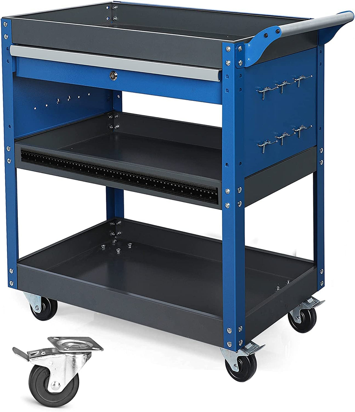 AIRAJ PRO 3 Tier Tool Cart,440 LBS Capacity Rolling Tool Cart with Drawers,Heavy Duty Industrial Service Tool Cart on Wheels with Pegboard Hooks for Mechanics,Garage,Warehouse,Workshop,Blue AIRAJ PRO