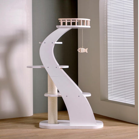 SHENGOCASE Modern Stylish 52.4 inches Tall Wooden Cat Tree Tower, Aesthetic Cat Condo Ladder with 5-Level Big Perch Platform Bed for Window Large Scratching Post SHENGOCASE