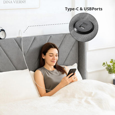 COMHOMA King Bed Frame with Headboard and USB & Type-C Charging Ports,Storage Drawers,Modern Upholstered Platform Frames with Padded Headboard, Heavy Duty Structure,No Box Spring Needed,Grey COMHOMA