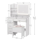 Hogxp Vanity Table with LED Mirror & Power Outlet - 5 Open Shelves, 4 Drawers - Includes Padded Stool - Ideal Bedroom Makeup Dressing Table （White） Hogxp