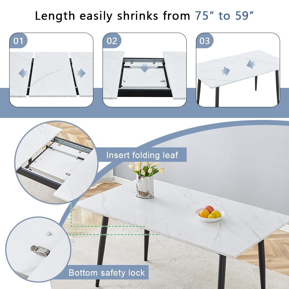 FURNITO 7 Piece Dining Table Set, 59"-75" Extendable Dining Room Table Set with 6 Upholstered Chairs, White Kitchen Table Chairs Set for Living Room, Apartment, Easy to Assemble FURNITO