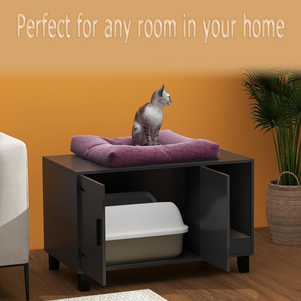 TaoHFE Litter Box Enclosure Cat Litter Box Furniture Hidden with Cat Scratch Pad Decorative Farmhouse Wooden Hidden Litter Box Cat House Litterbox Furniture Cat Box Furniture Litter Box Cabinet Black TaoHFE