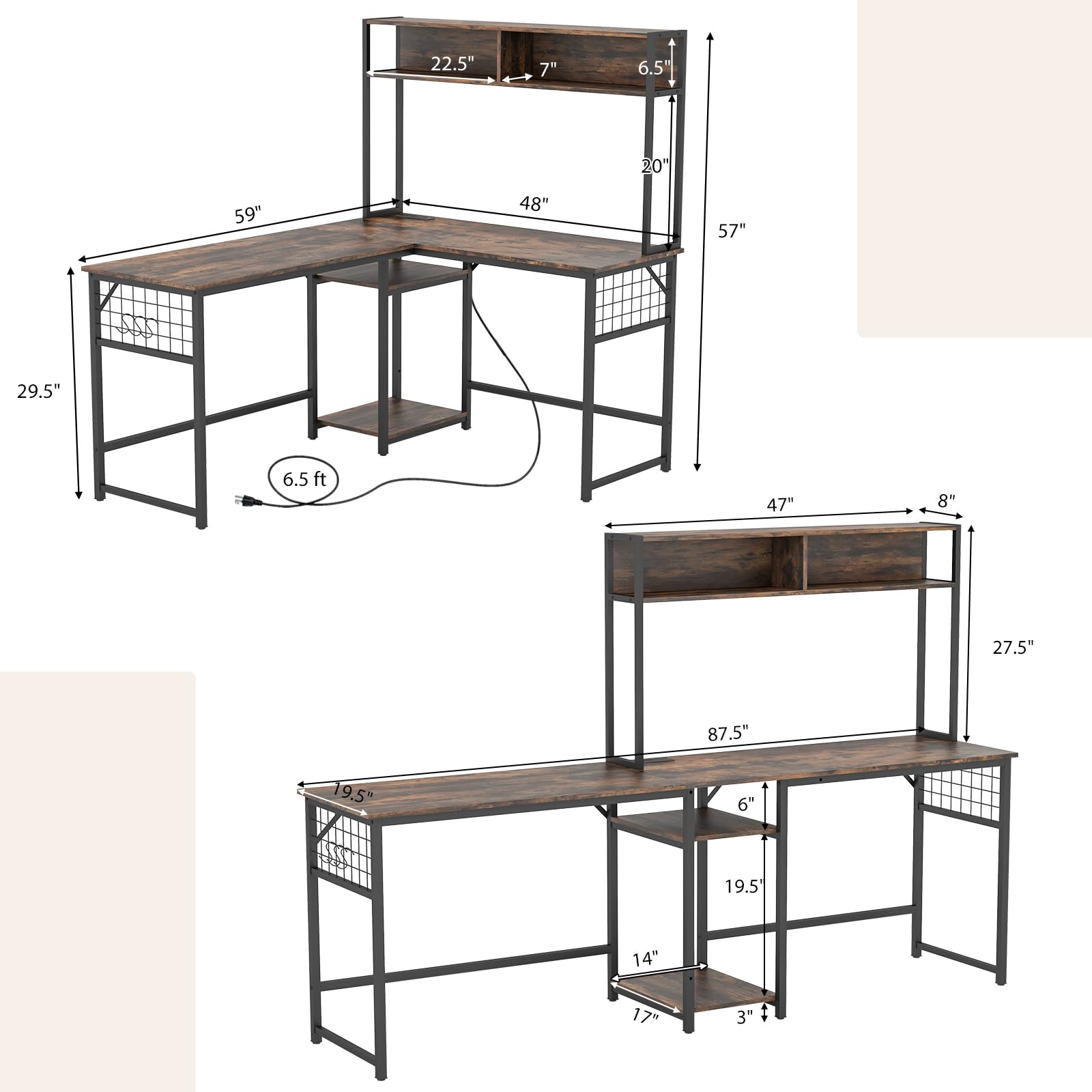 Tangkula L-shaped Desk with Power Outlet, Large Corner Desk Converts to 2-Person Long Desk with Hutch, Computer Gaming Desk with CPU Stand & 3 Removable Hooks, for Home Office (Rustic Brown) - WoodArtSupply