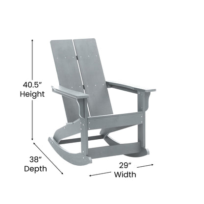 Flash Furniture Finn Modern Commercial Grade Poly Resin Wood Adirondack Rocking Chair - All Weather Gray Polystyrene - Dual Slat Back - Stainless Steel Hardware