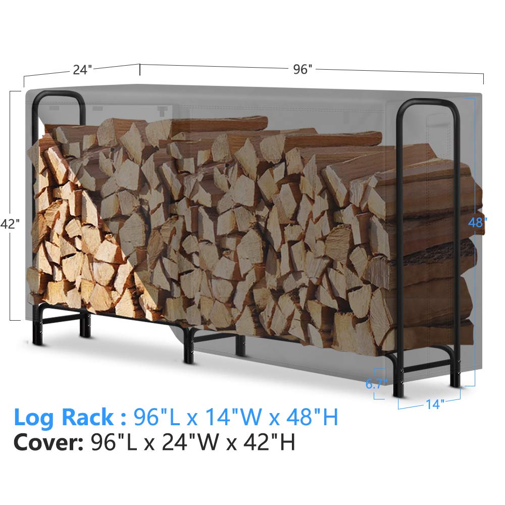 AMAGABELI GARDEN & HOME 8ft Firewood Log Rack With Cover Combo Set Waterproof Outdoor Log Holder Fireplace Heavy Duty Wood Stacker Patio Pit Storage