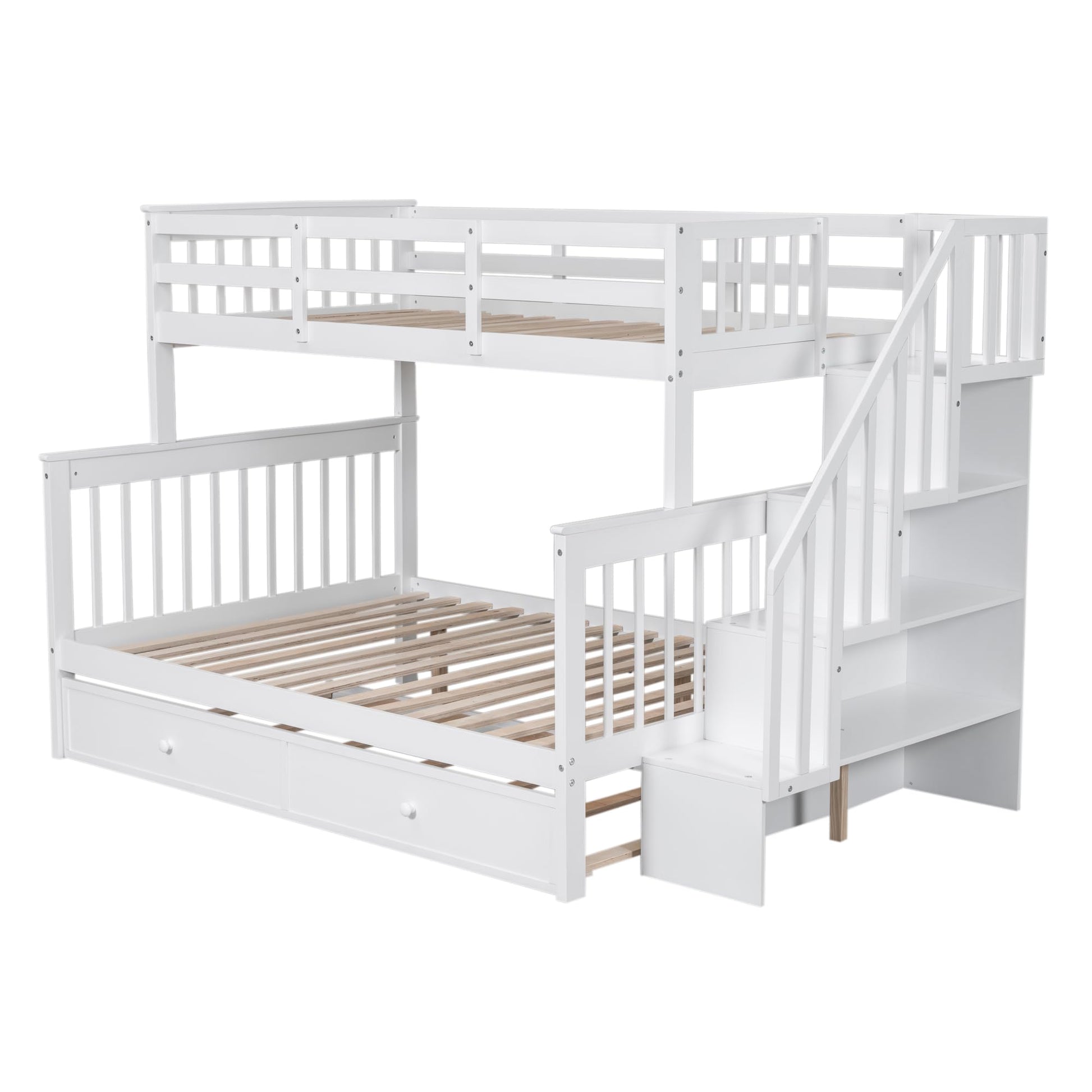 Stairway Twin Over Full Bunk Bed with Trundle and Storage Shelves in White by Harper & Bright Designs - WoodArtSupply