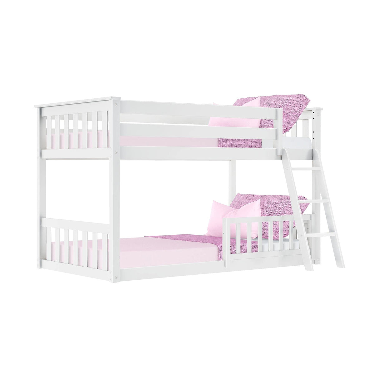 Max & Lily Low Bunk Bed, Twin-Over-Twin Bed Frame For Kids With 1 Guard Rail, White Max & Lily