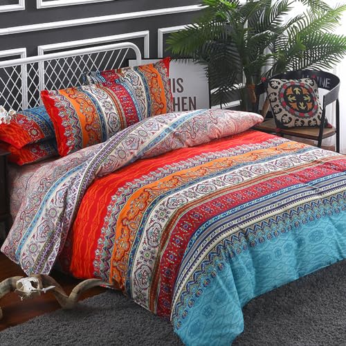 Goodidea Striped Bohemian Comforter Set Queen Size 3 Pieces Boho Hippie Geometric Bedding Set Soft Breathable Reversible Microfiber Boho Comforter with 2 Pillowcases(20"x26") Goodidea