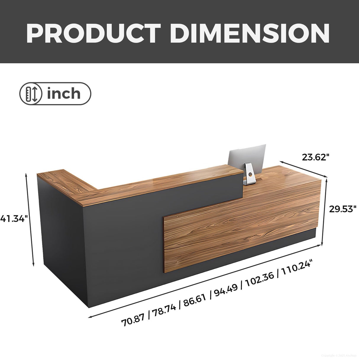 Anzhap Modern L-Shaped Reception Desk with Storage， Front Desk Reception Counter with Drawer, Storage Cabinets for Office, Lobby, Salon (European Oak+lron Gray - Left Cabinet, 102" L * 24" W * 41" H) Anzhap