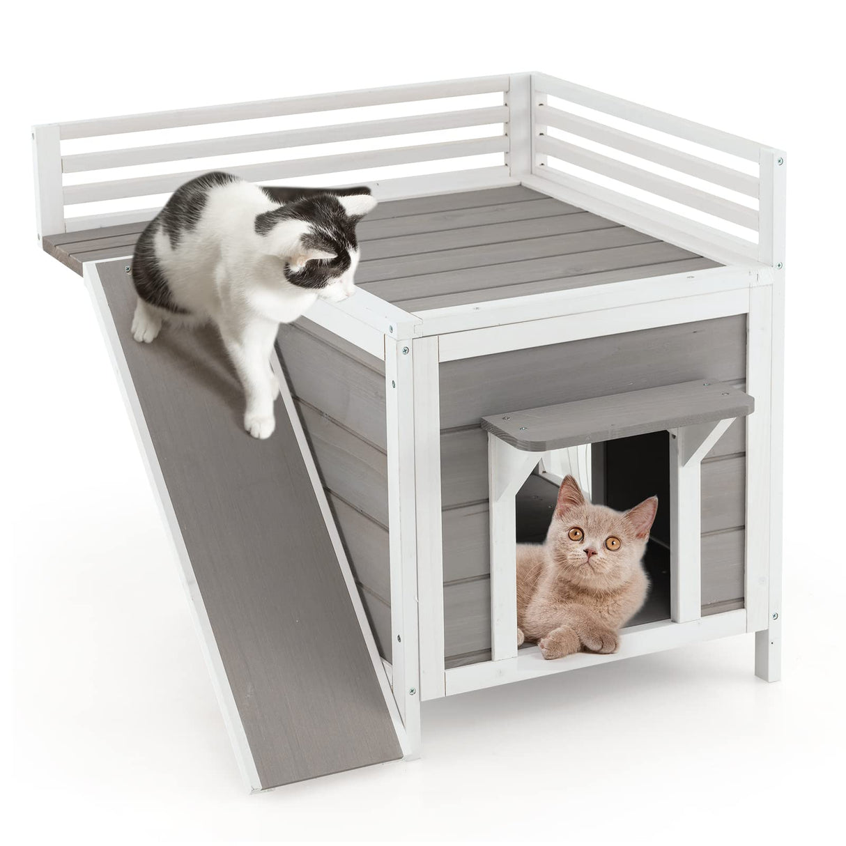 Tangkula 2-Story Outdoor Cat House, Feral Kitty Houses with Escape Doors, PVC Curtains, Cat Balcony, Cat Condo, Wide Side Ladder, Outdoor Indoor Cat Shelter Weatherproof for Home, Patio Tangkula