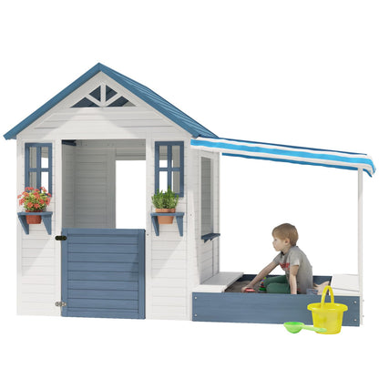 BIRASIL Kids Playhouse with Sandbox, Wooden Outdoor Cottage Play House with Sand Pit for Backyard Garden Ages 3 to 10 Years Old (Blue/White) - WoodArtSupply