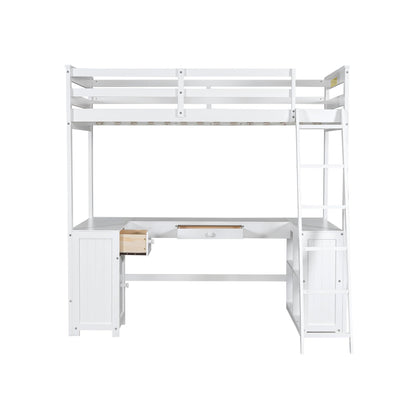 Harper & Bright Designs White Twin Size Loft Bed with U-Shaped Desk, Drawers, and Storage Shelves - WoodArtSupply