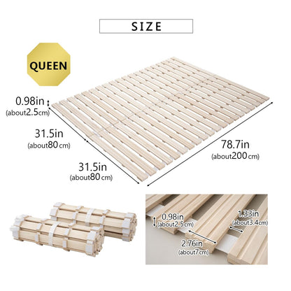 EMOOR Wood Roll-Type Slatted Bed Queen (63x78.7in) for Japanese Floor Futon Mattress, Franco-ROLL, Unpainted Paulownia, Floor Sleep Bedding Guest Minimalist Tatami Mat Natural