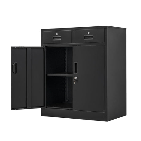 Wanfu Metal Storage Cabinet, 36" H Locking Storage Cabinet with Two Drawers and Adjustable Shelf, Metal Cabinets for Office, Garage, Home-Black Wanfu